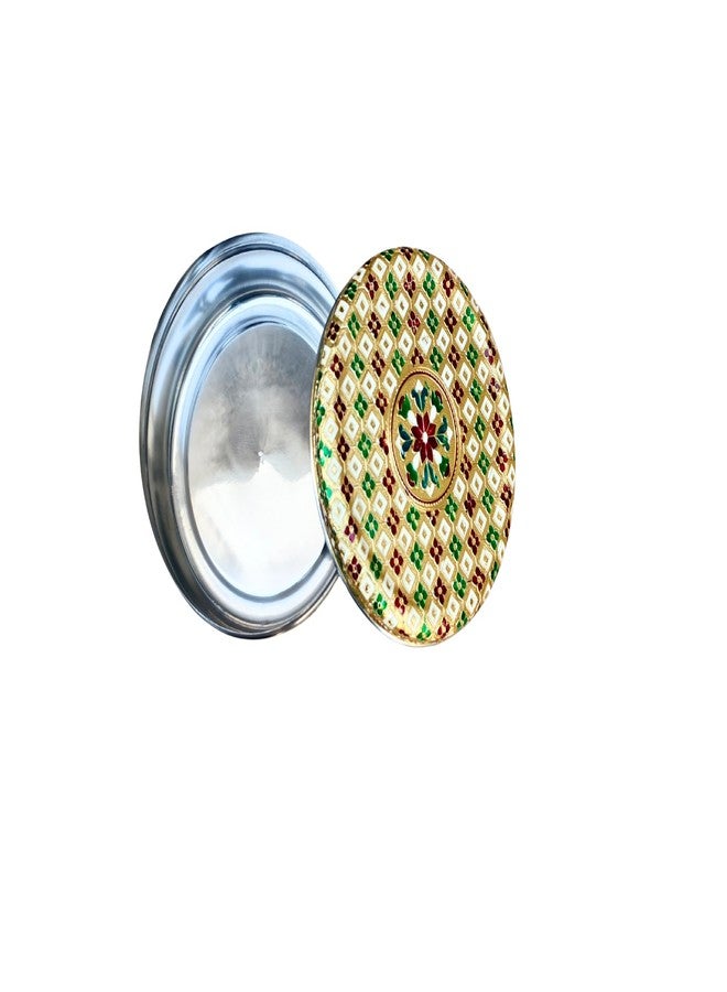 CRAFTS WORLD Stainless Steel Meenakari Container Round Dabba Chapati Box Golden Meenakari Best For Wedding Return Gift (7.5 x 7.5 x 2.7 Inch) - Image 3